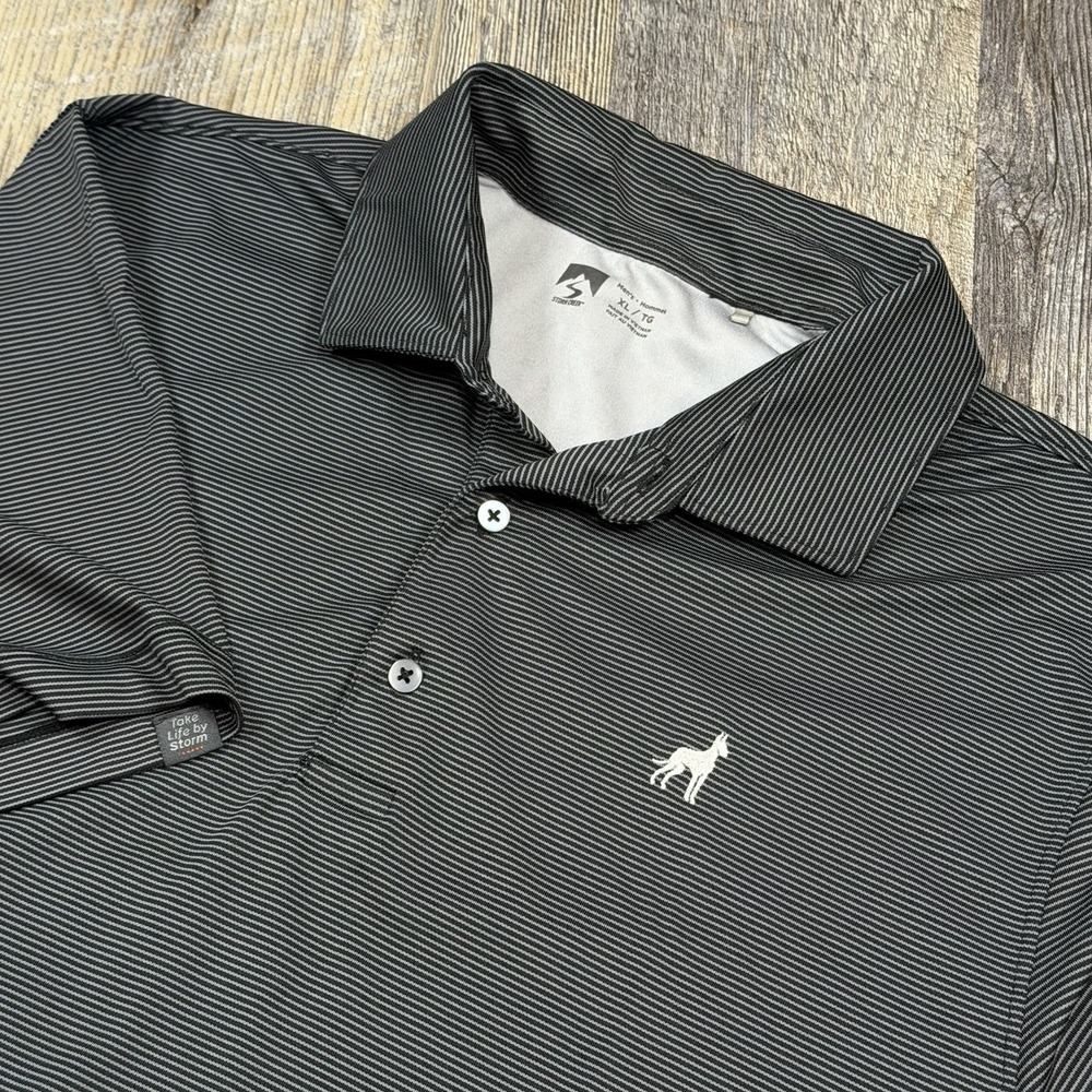 Storm Creek Great Dane Trailers Golf Polo Shirt Mens XL‎ Black Gray Striped